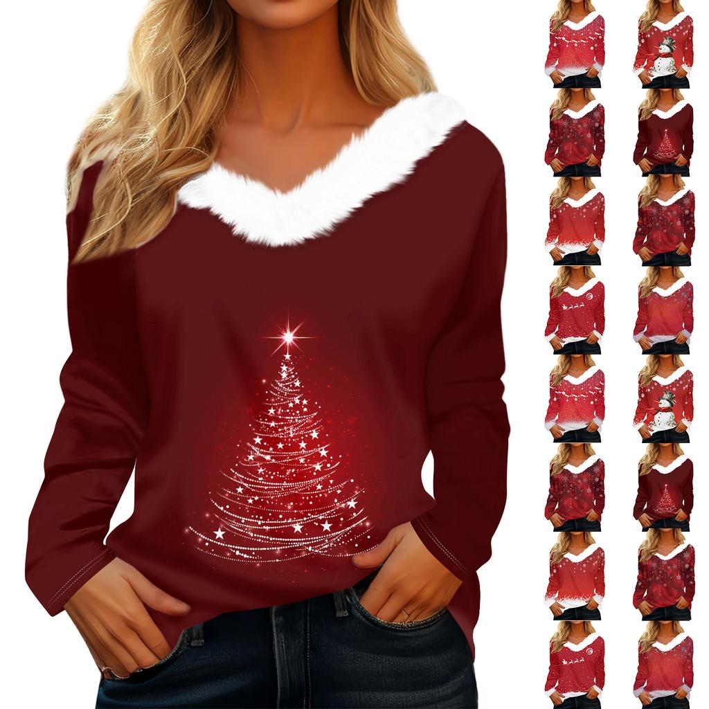 Women's Loose Comfortable Casual And Fashionable V-neck Long Sleeved Christmas Pattern Top