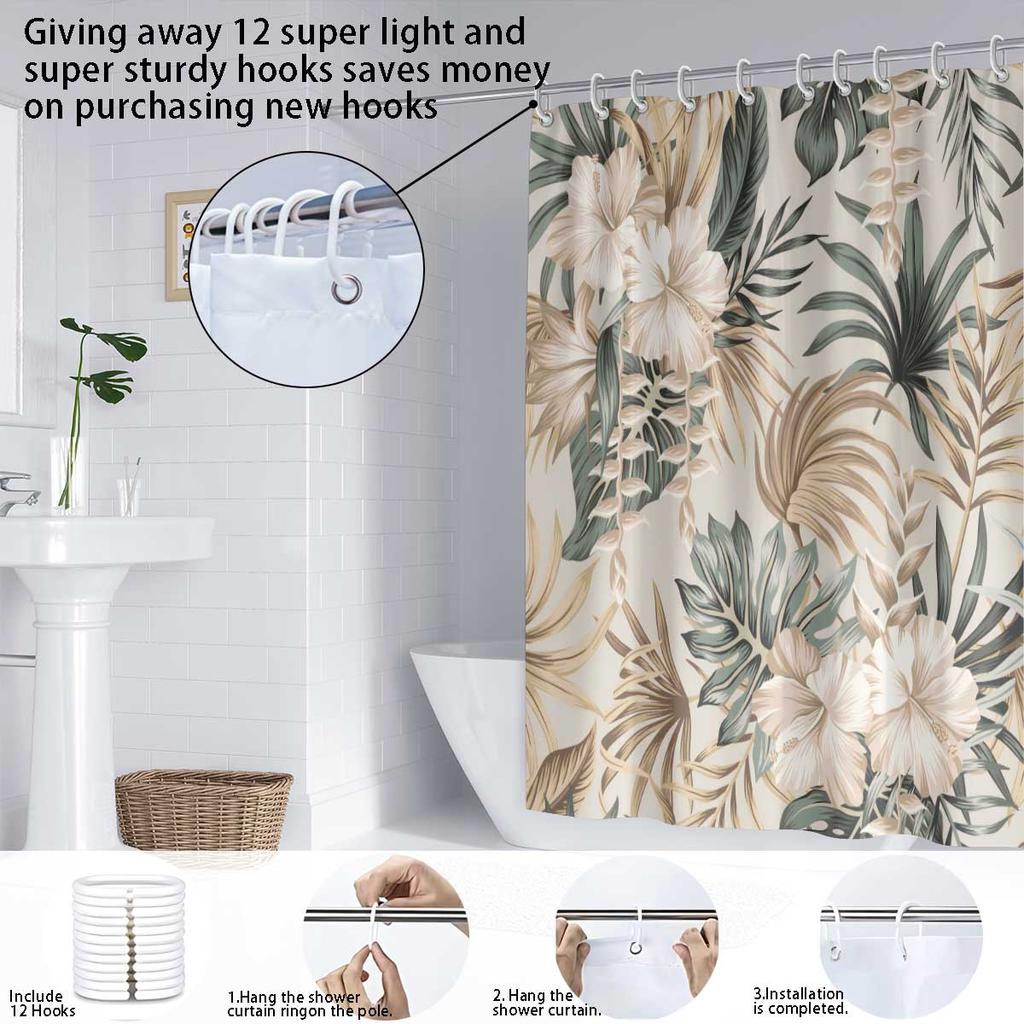 1pc Monstera Deliciosa Floral Print Shower Curtain, with 12 Hooks, Machine Washable, for Shower Partition and Privacy Protection