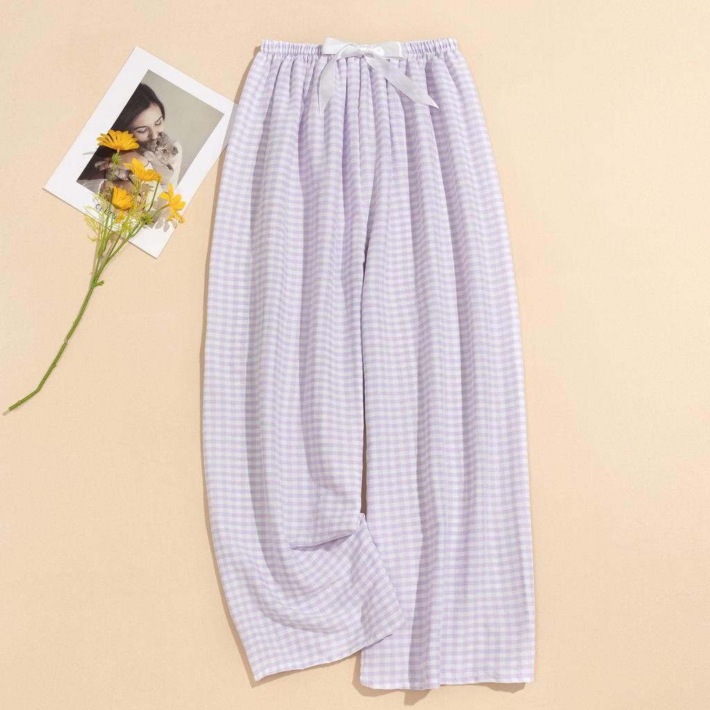 Women's Summer Plaid Wide-Leg Cotton Pajama Pants - Yarn-Dyed, Plus Size, Suitable for Outdoor Wear