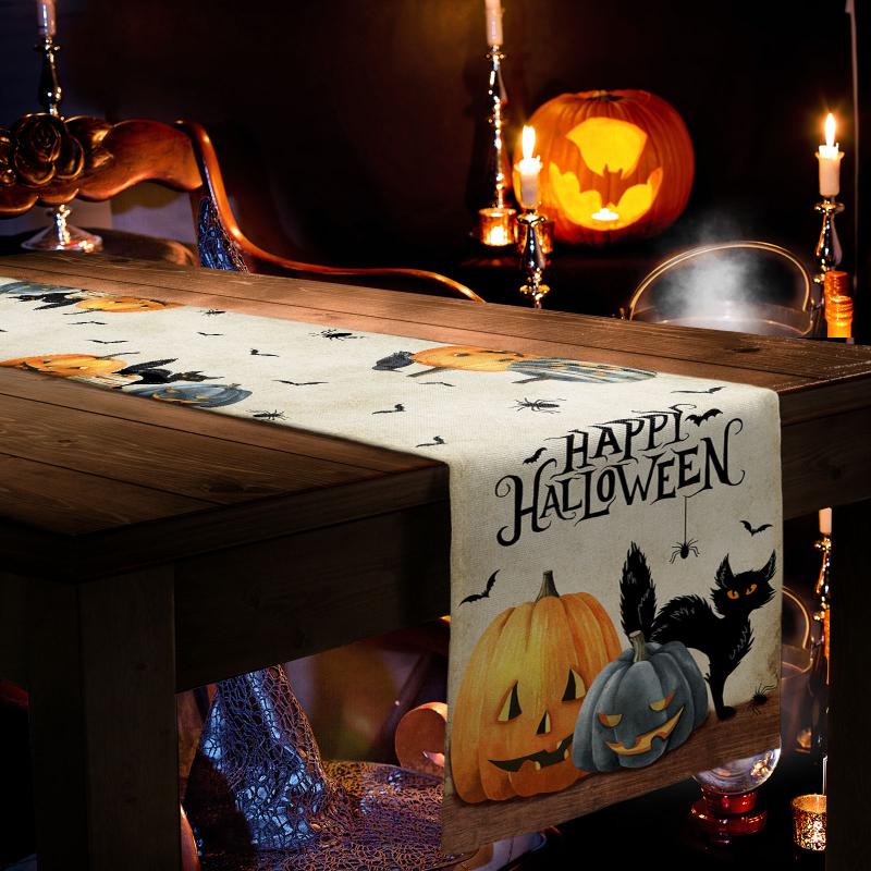 Halloween Pumpkin Black Cat Bat Table Runner Wedding Party Decor Tablecloth Christmas Dining Table Decor Table Cover