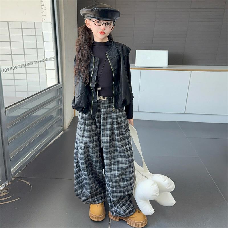 Girls' 3-Piece Autumn Set: Vest, Base Shirt & Plaid Pants for Big Kids (2025 Fashion)