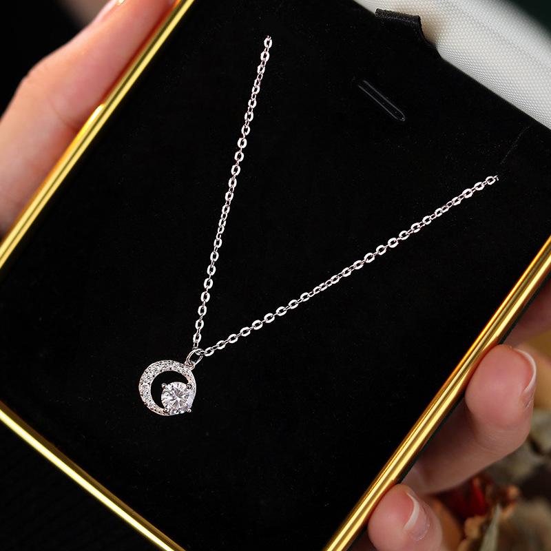S925 Sterling Silver Moissanite Moon Necklace - Unique Clavicle Chain for Her: Qixi Valentine's Gift