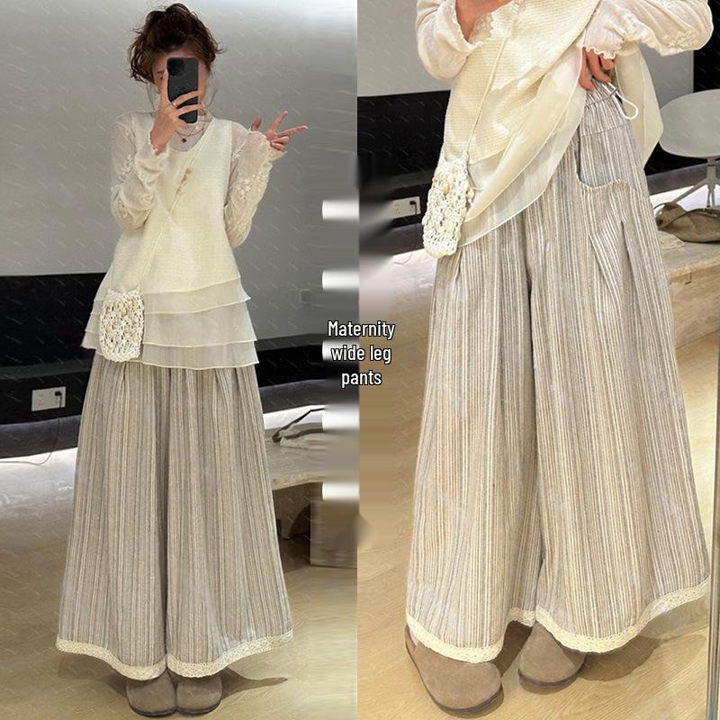 2026 Cotton Linen Striped Wide-Leg Maternity Pants with Lace Patchwork XL