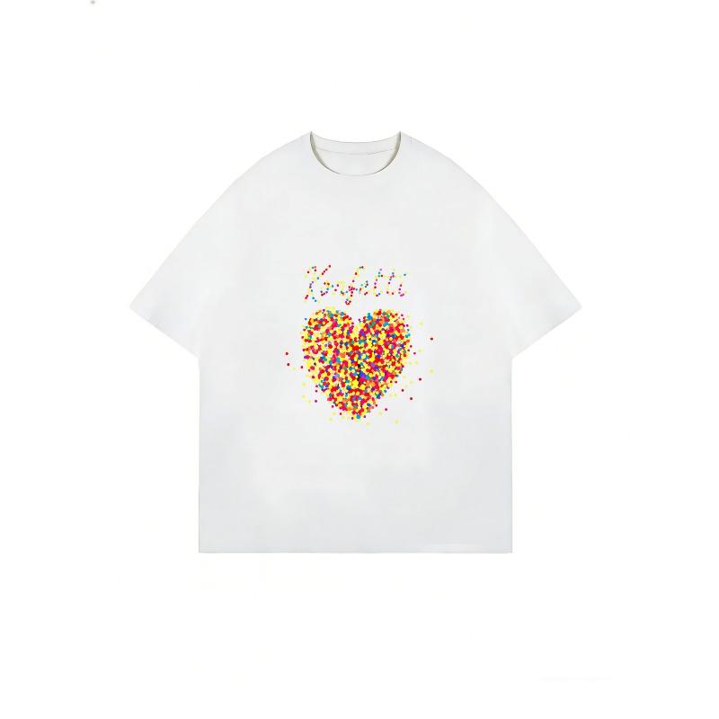 White T-Shirt With Confetti Heart Print And Text For Casual Wear