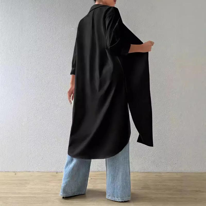 Autumn Collar Long Sleeved Solid Color Korean Versatile Long Style Women's Clothing Solid Color Cardigan Mid Sleeve Shirt Tops