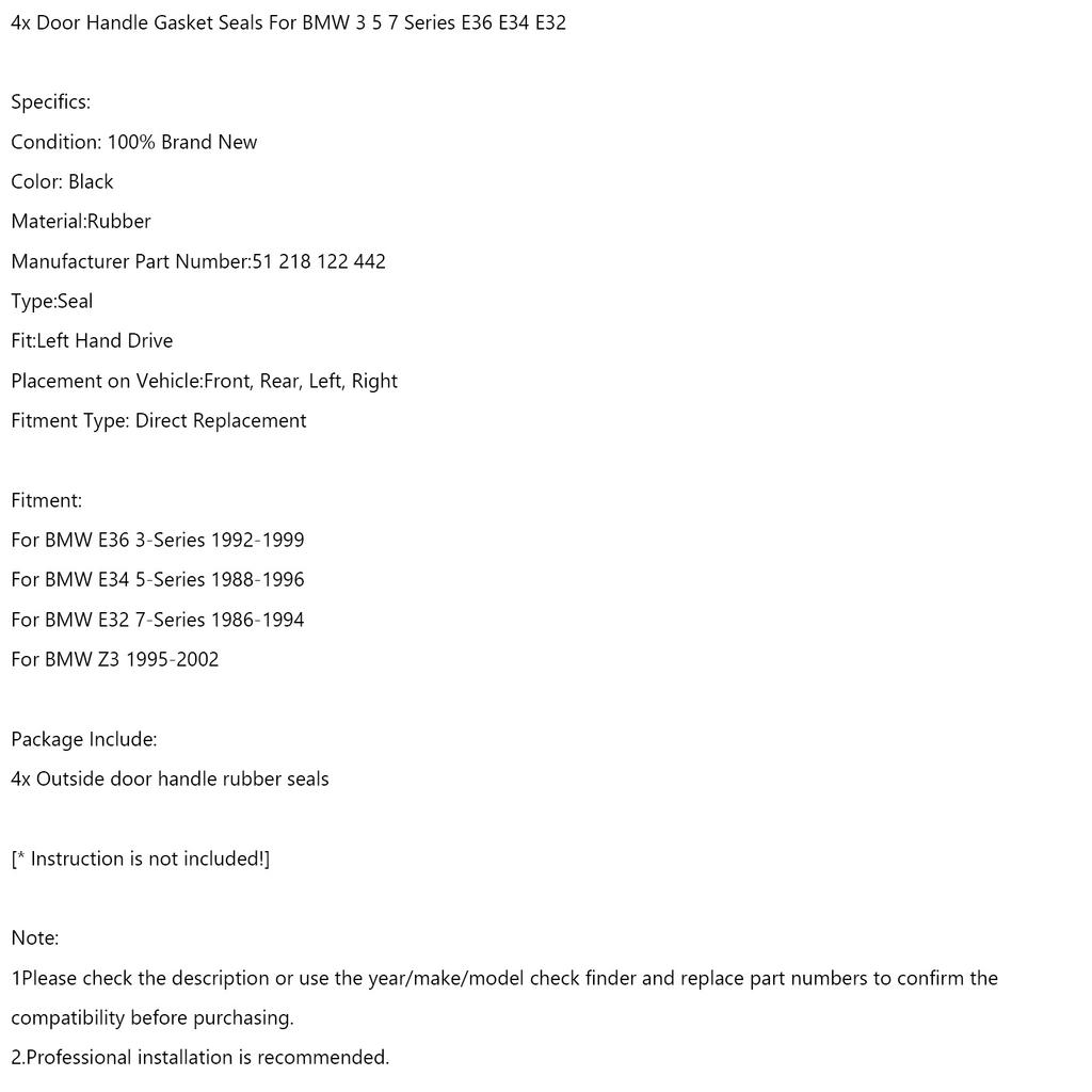 4x Door Handle Gasket Rubber Seals For BMW 3 5 7 Series E36 E34 E32