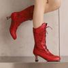 Women's Costume Cosplay Shoes Retro Mid Calf Boots Burnout Kitten Heels Front Bandage Patchwork Boots