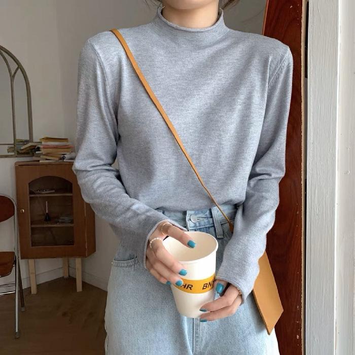 Autumn and Winter Latest Korean Version of Half High Neck Solid Color Base Shirt Fashion Ins Slim-fit All Knitted Top Female Tide