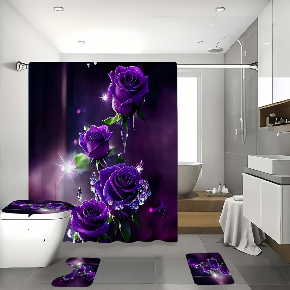 4Pcs Bathroom Shower Curtain Set Purple Rose Bathroom Curtain With 12 Hooks Non Slip Rugs Toilet Cover Mat Bathroom Partition