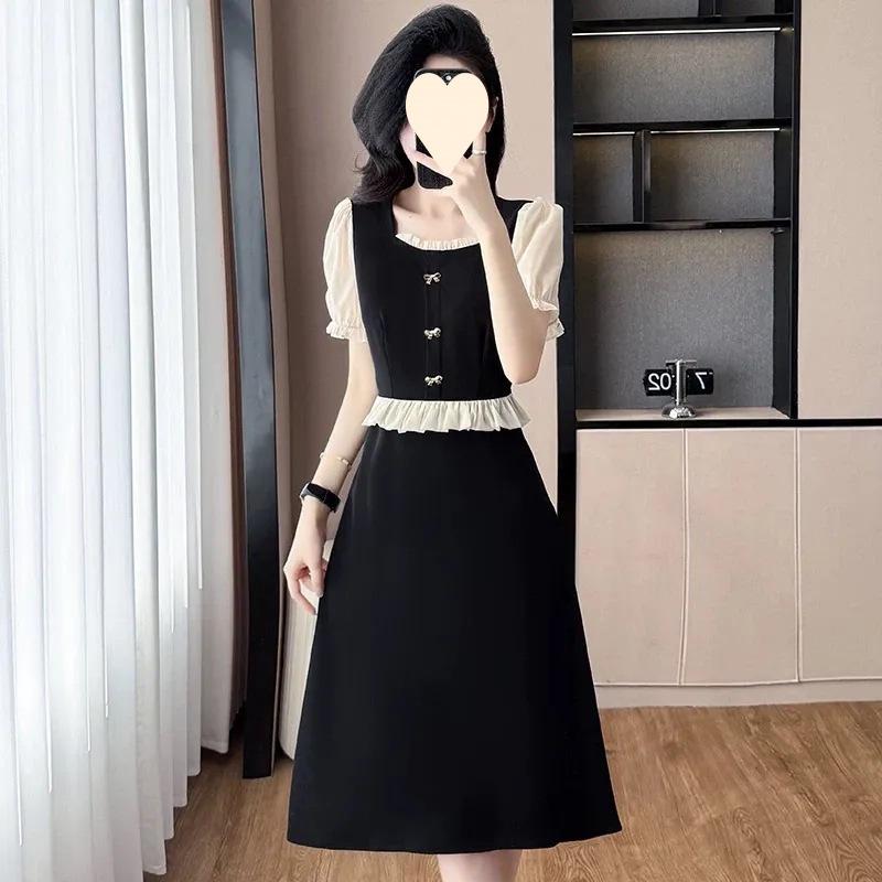 High-end temperament fake two-piece splicing skirt women's summer large-size ruffle leaf edge thin waist dress