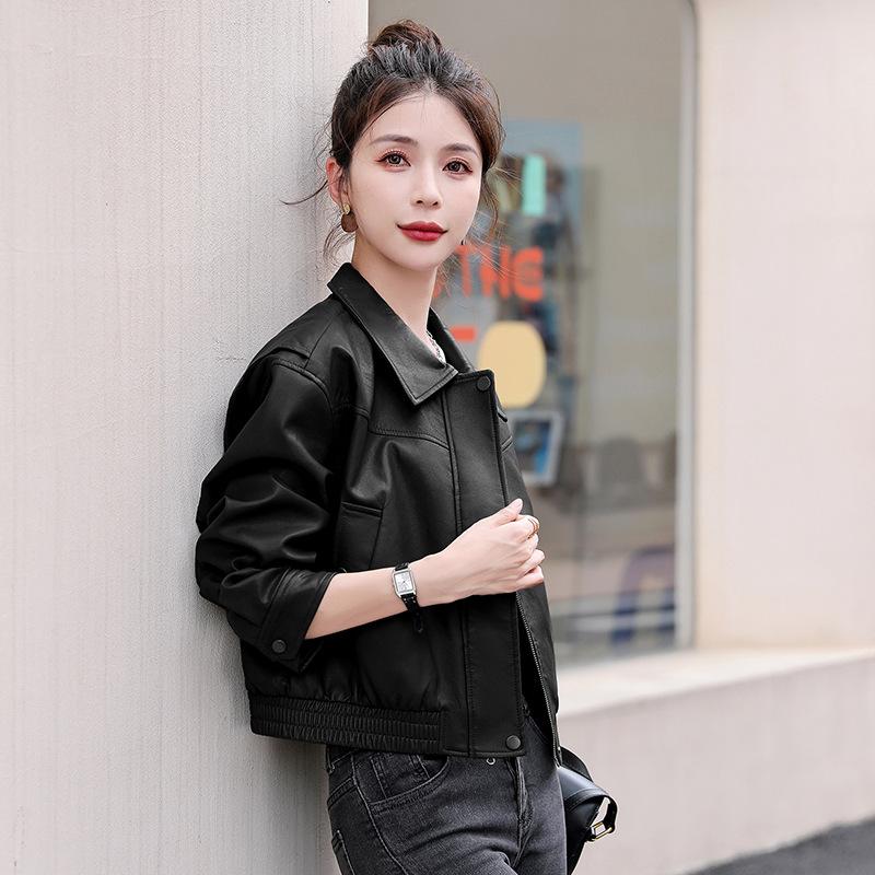

Коричневая кожаная куртка женская короткая весенне-осенняя новая маленькая ретро повседневная мотоциклетная куртка кожаная куртка XL чёрный