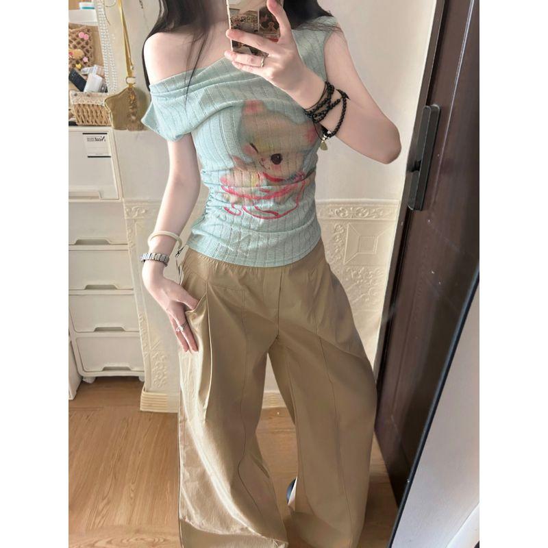 Kumikumi Sweet and Spicy Style Cat Print Sloping Shoulder Short Sleeve T-shirt Women Summer Chic Age-Reducing Niche off-Shoulder Top
