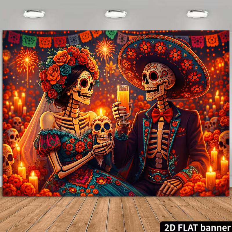 

2D Mexican Day of the Dead Backdrop Sugar Skull Skeleton Wedding Scene 47.2x31.5inch/120*80cm