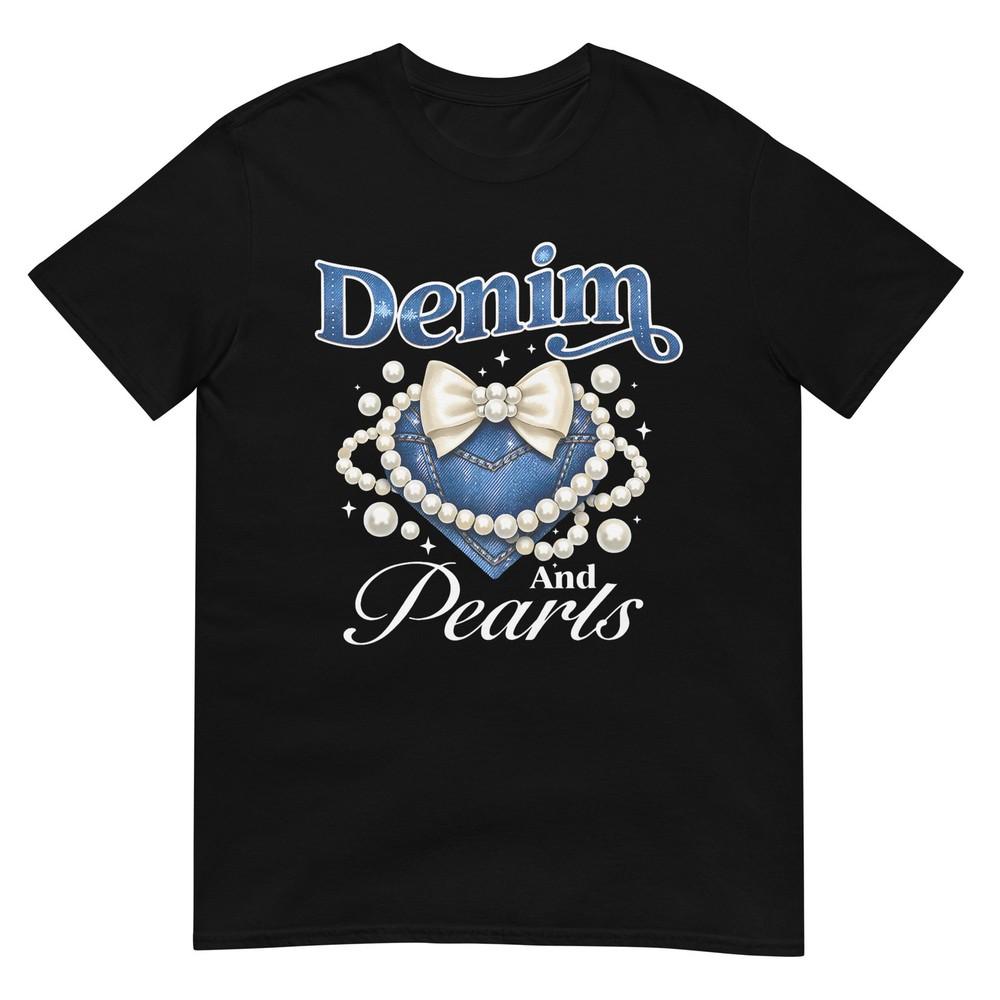 Pearls And Denim Outfit Bow Denim Pearls Ladies Girls Unisex Tshirt