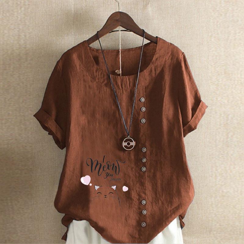 Women's Fashion Cat Letters Prined Short Sleeve T-shirt Loose Cotton Shirt Casual Loose Summer Blouse Tops Plus Size
