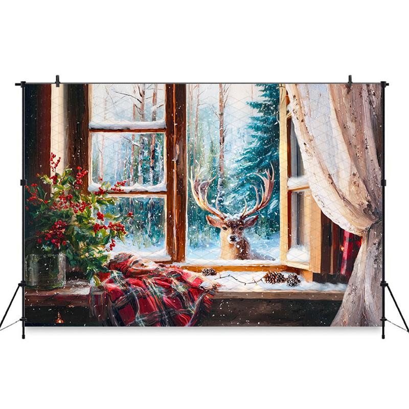 Mocsicka Christmas Backdrop For Photography Retro Art Abstract Window Snow Deer Tree Party Photo Background Indoor Decors Banner
