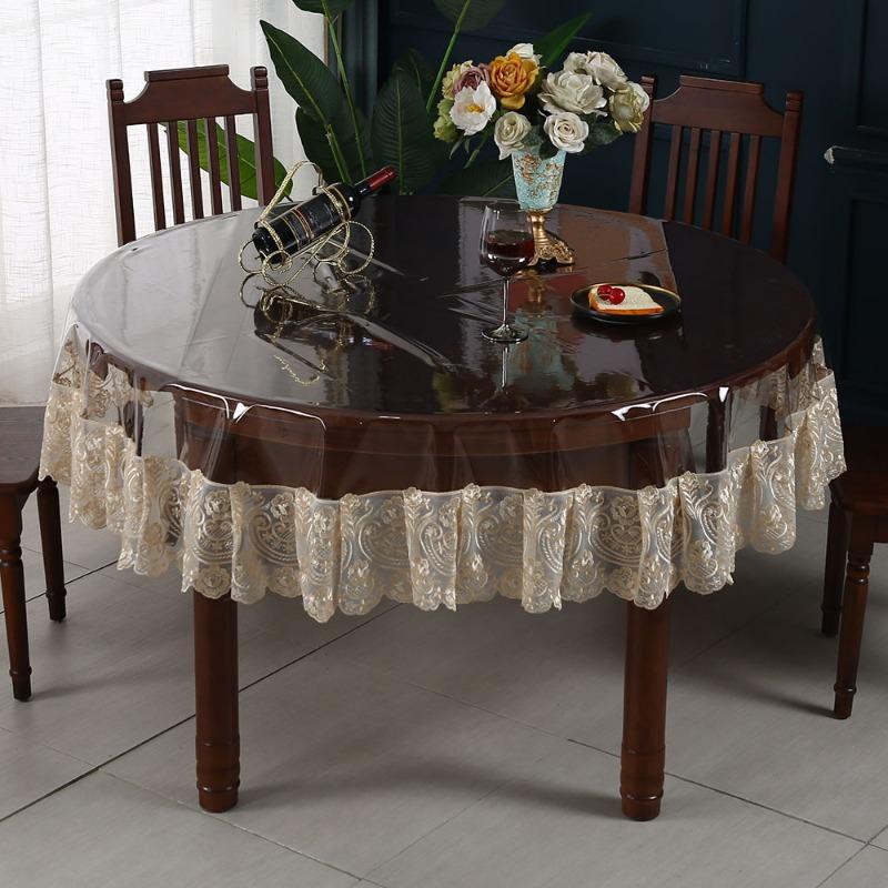 PVC Waterproof Soft Glass Transparent Table Cloths Rectangular Plastic Round Tea Table Lace Dust Table Cover Wedding Party Decor