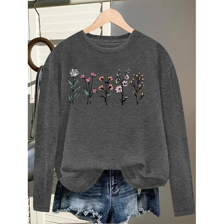 Elegant Long-sleeved Dress for Women Fresh Floral Theme Printed Round-neck Women's Shirt T Shirt Suitable for Spring Wear Summer Autumn