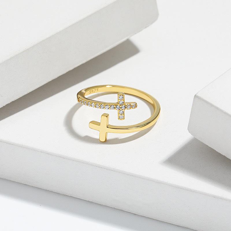 S925 Sterling Silver Double Cross Open Ring: Trendy European & American Fashion for Women