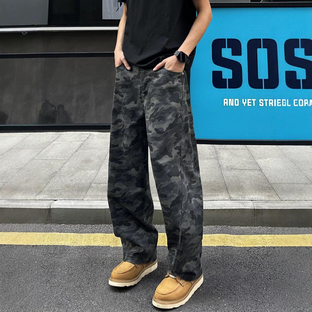 American retro camouflage jeans men's ruffian handsome high street trendy brand lumberjack straight wide-leg versatile casual pants