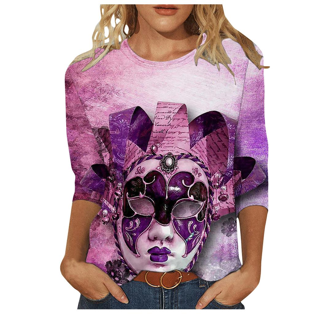 Long Sleeved Glamorous Mask Patterned Top Carnival Themed Printed Women's T-shirts