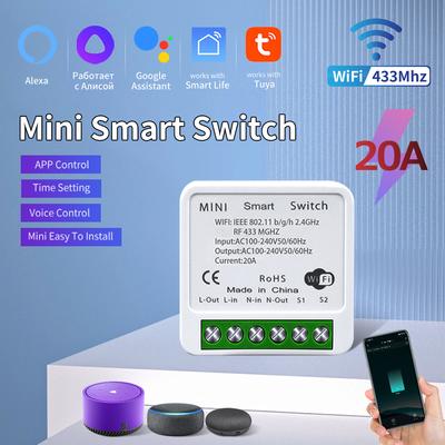20A Tuya WiFi Mini DIY Smart Switch Module 2-way Control 433MHz Work with Tuya Smart Life App Alexa Google Home Voice Control