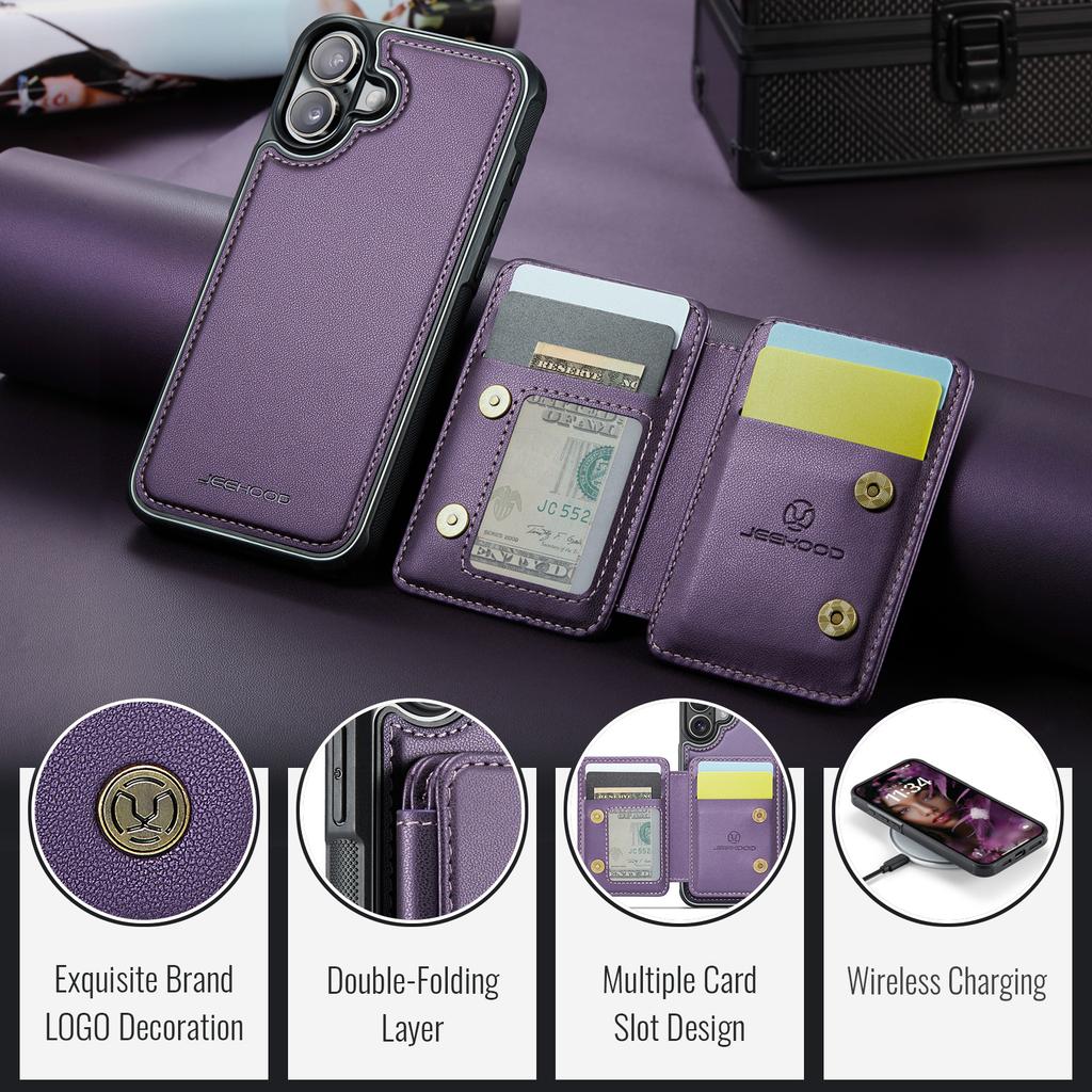 JEEHOOD J05 For iPhone 16 Plus Case Leather Mobile Cover with Detachable Magnetic Card Bag