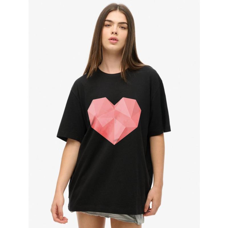 Oversized T-Shirt Black Geometric Heart Print Casual Wear