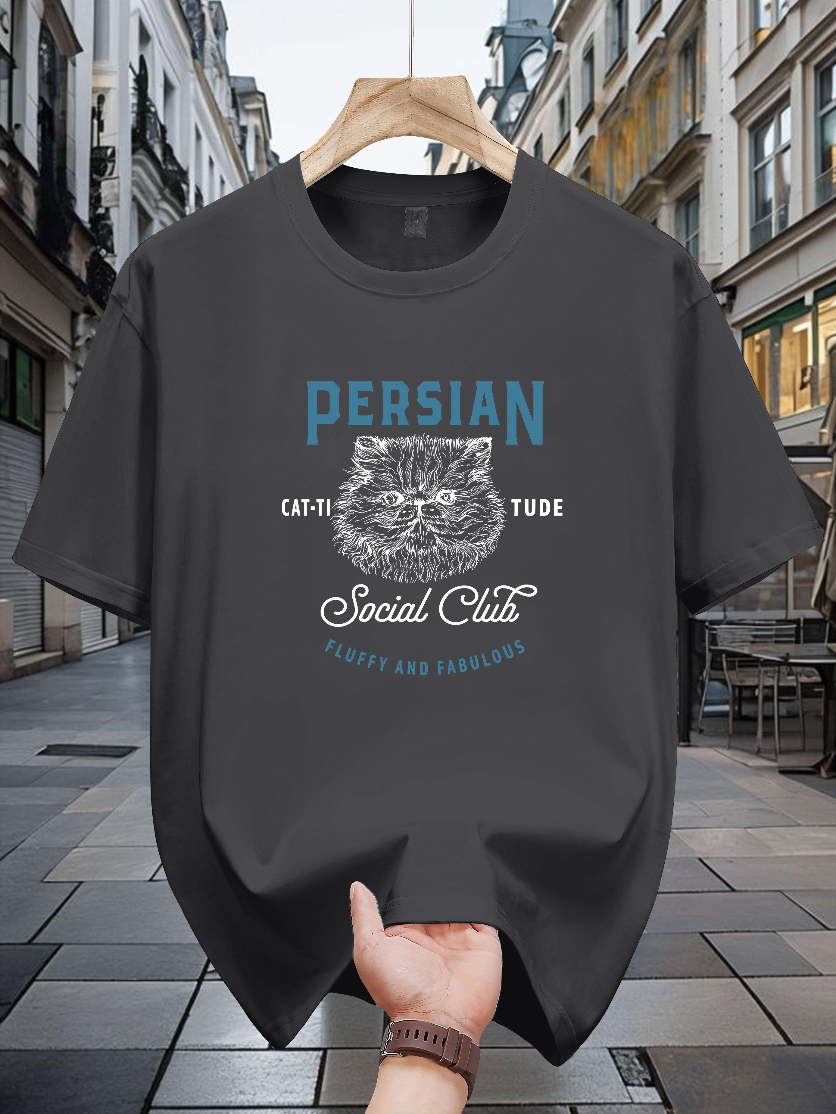 200g 100% Cotton Short Sleeve T-shirt - Navy Blue Persian Cat Graphic Print XXXL