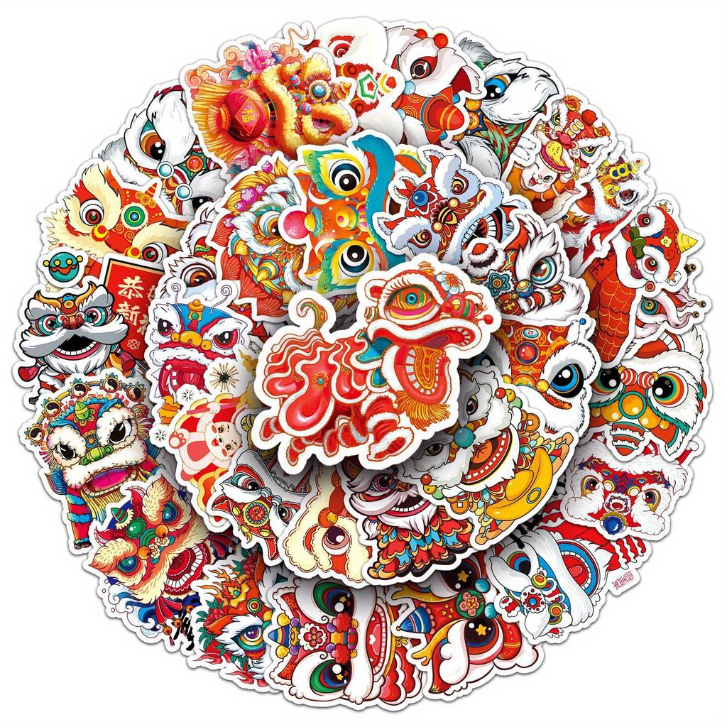 50pcs Lion Dance Chinese Style Cartoon Sticker Creative Lion Wake New Year Greeting Mobile Phone Shell Decorative Sticker
