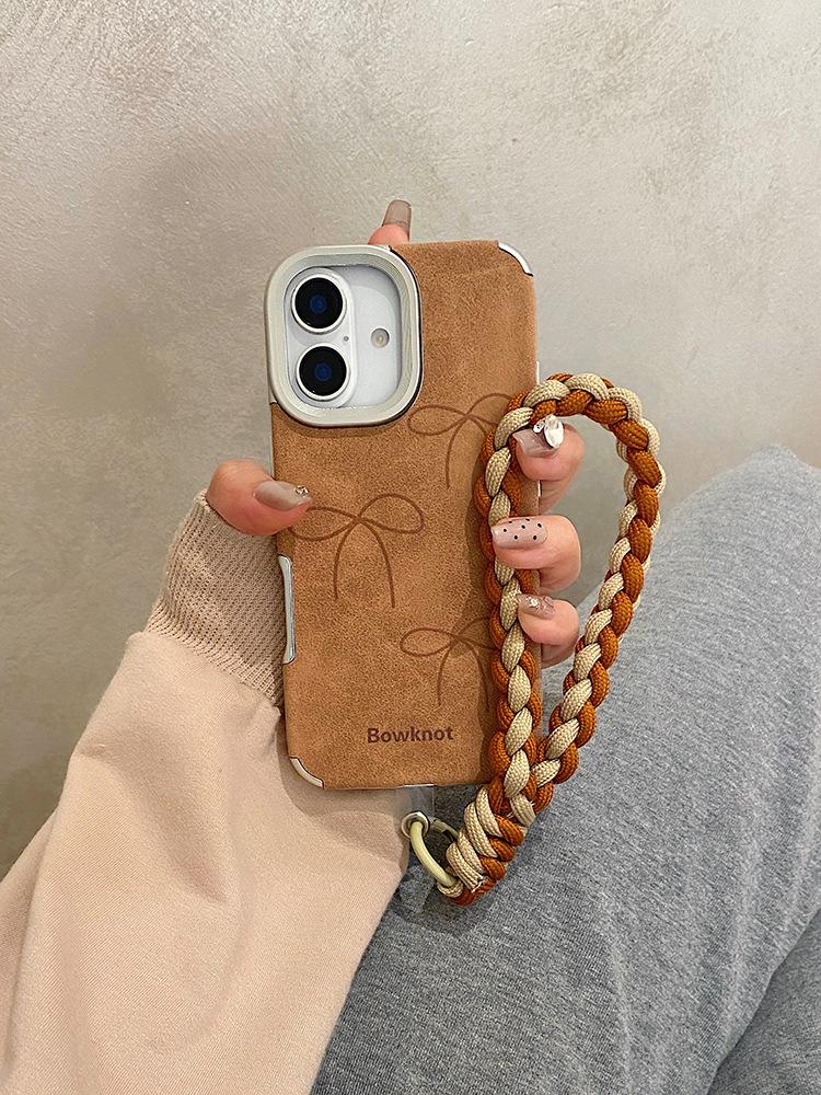 

Three Bows for Apple 17 Autumn and Winter Mobile Phone Case for IPhone15 Protective Cover 14 Brown 16 Leather Texture 13 For Apple XS