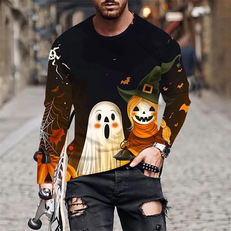 Autumn Round Neck Halloween Ghost and Pumpkin Pattern 3D Printed Top Fashionable Casual Long Sleeved Men's T-shirts
