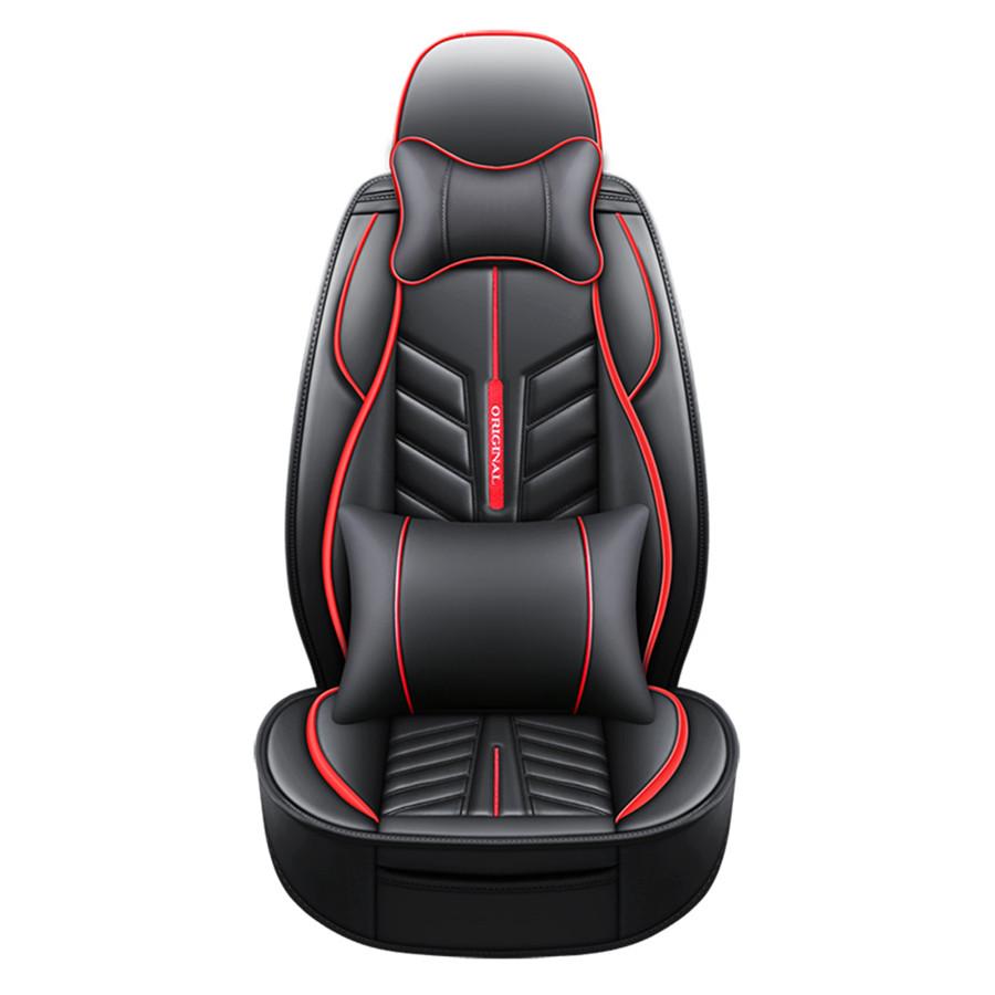 Universal Black Red Line Stripe Full Seat Wear-resistant PU Leather Sponge Fabric Car Seat Cover Cushion Breathable...