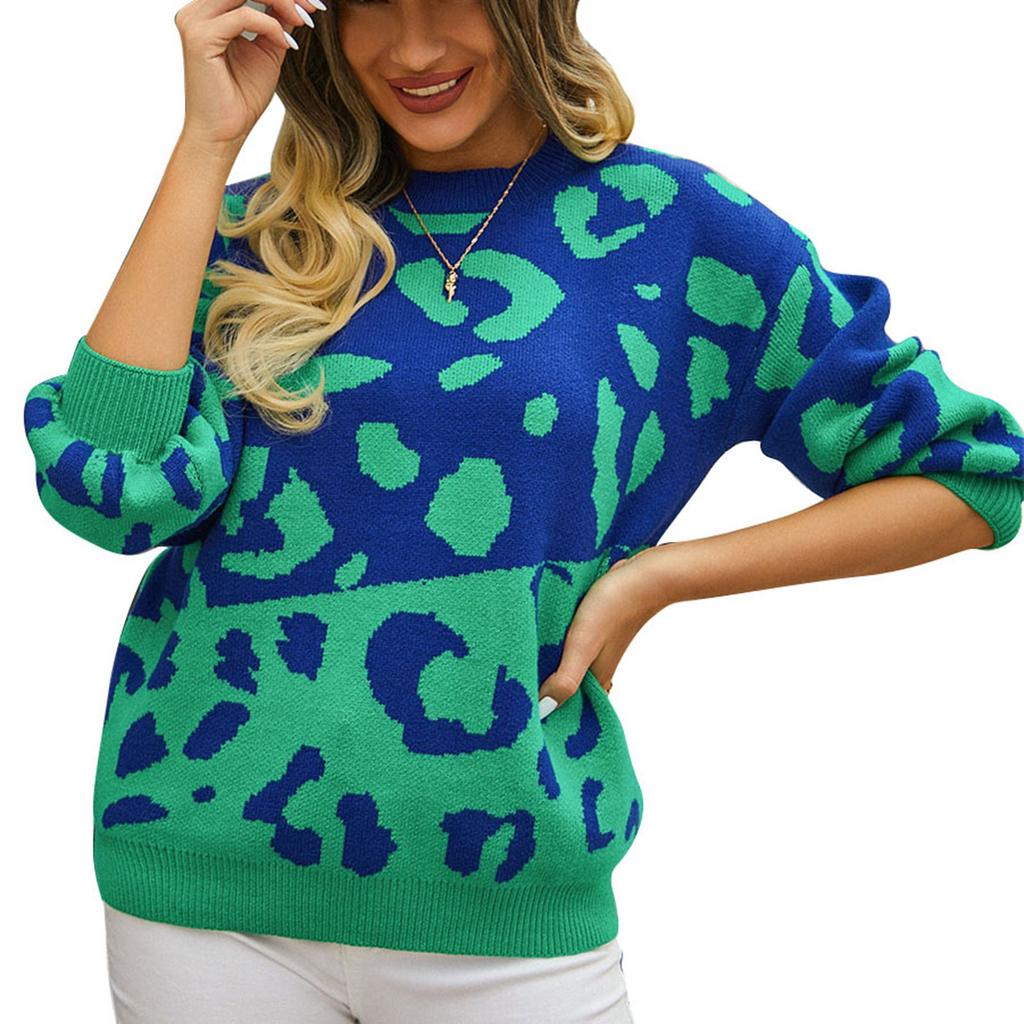 Damen Pullover Leopardendruck Colorblock Rundhalsausschnitt Langarm Locker gestrickter Pullover