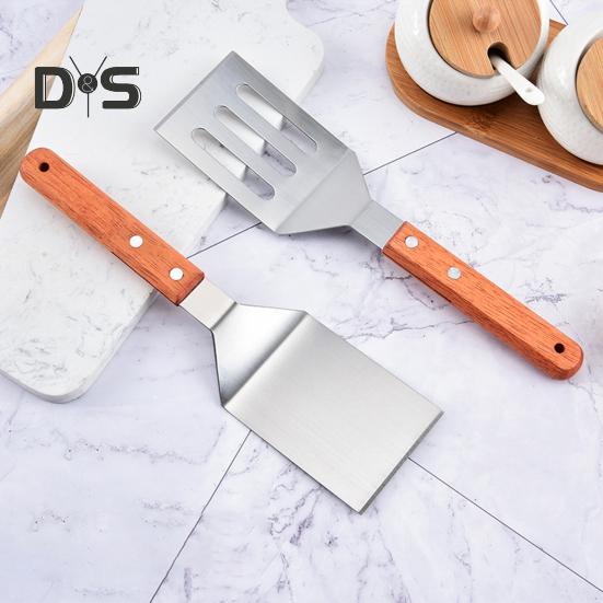 Stainless Steel Frying Spatula Set with Wooden Handle Heat Resistant Solid Turner Non Stick Slotted Spatulas for Frying Baking Flipping Turning