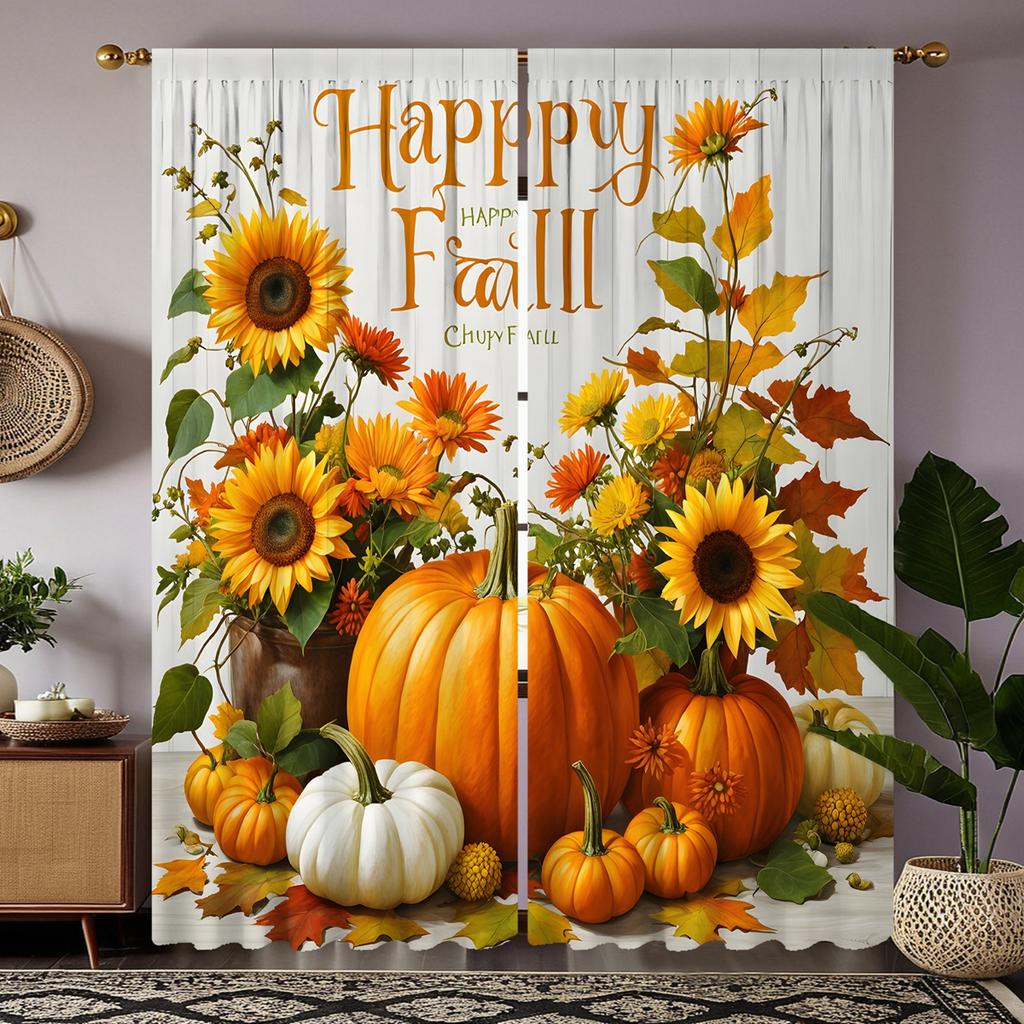 2 Stück HD Erntedankfest Sonnenblume Blumentopf Kürbis Dekovorhang Gelbe Schleife Digital bedruckter Vorhang Heimdeko