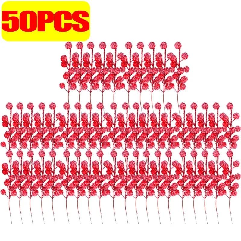 Artificial Holly Berry with Snowflake Glitter Stem Picks Christmas Tree Red Berries Picks Xmas Tree Ornament Wedding Party Decor