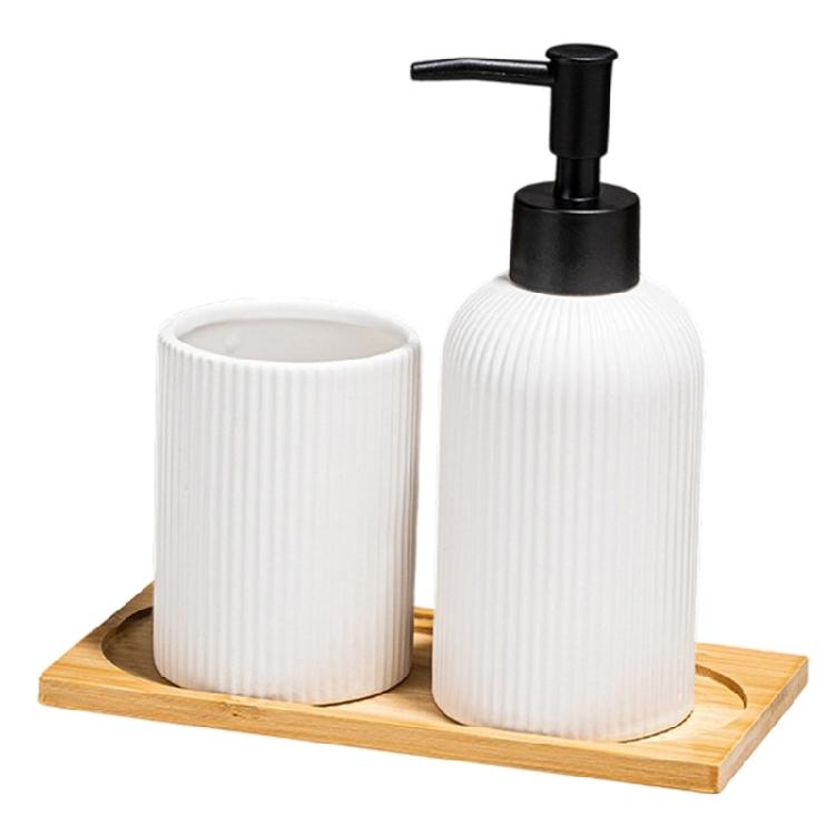 3-teiliges Badezimmer-Accessoires-Organisationsset mit Keramik-Handseifenspender, Holzschale und Zahnbürstenhalterbecher