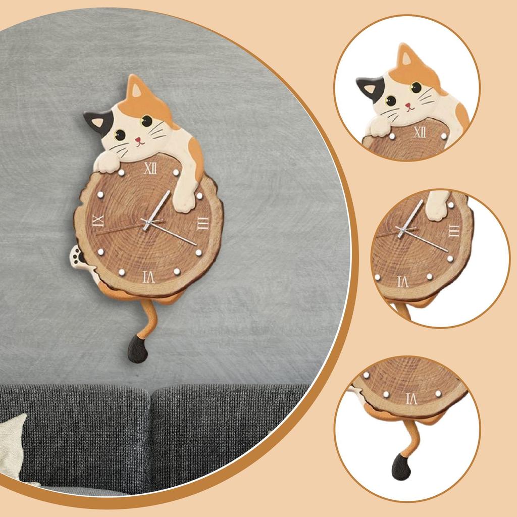 Cat Wall Clock Modern Animal Non Ticking Cute Analog Wall Clock with Swinging Tail Silent for Kids Room Indoor Housewarming Gift