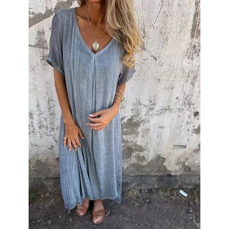 Short Sleeve V-neck Solid Color Dress Women's Short Sleeve V Neck Pure Color Dress