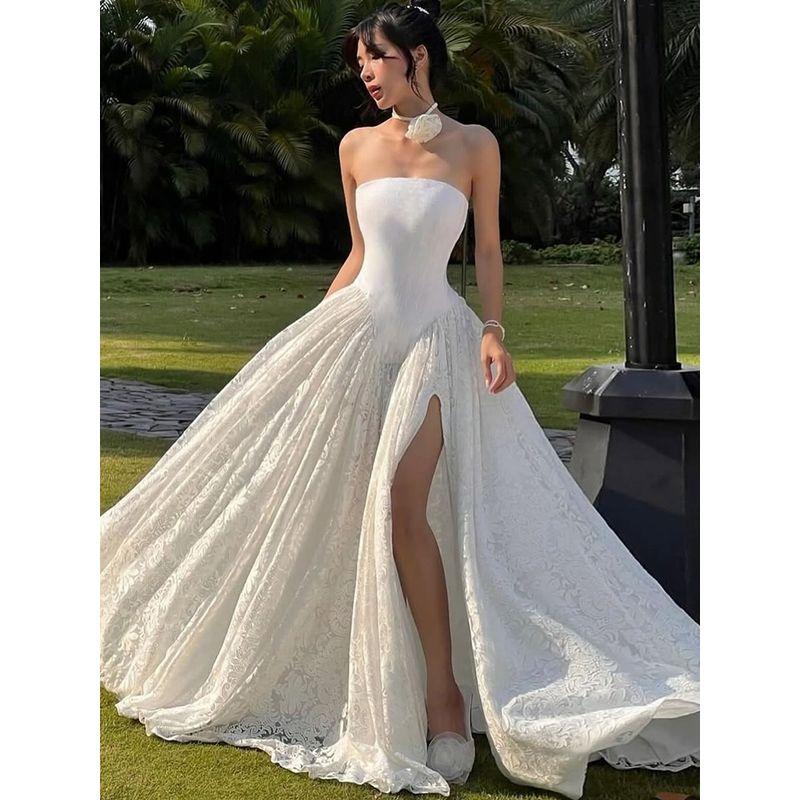 # Sisjuly# Romantic Pure Bridal Jacquard Lace Dark Pattern Patchwork Big Hemline Split Tube Top Dress Women Summer