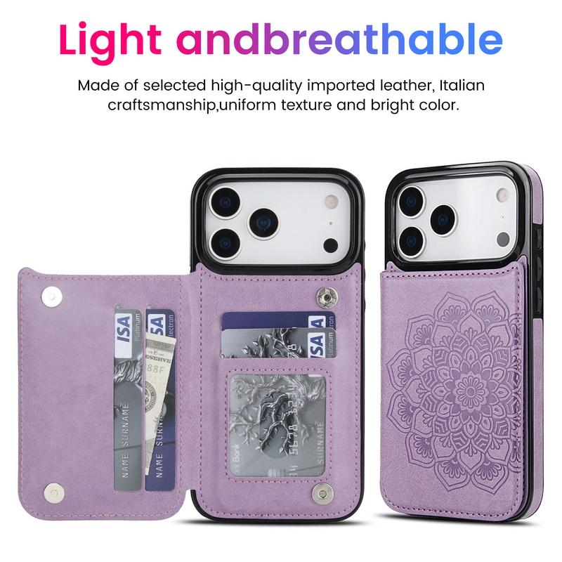 Mandala Card Pocket Leather Wallet Case For iPhone 17 Pro Max 16 15 Pro Max 14 13 12 11 Magnetic Metal Buckle Card Holder Back Cover