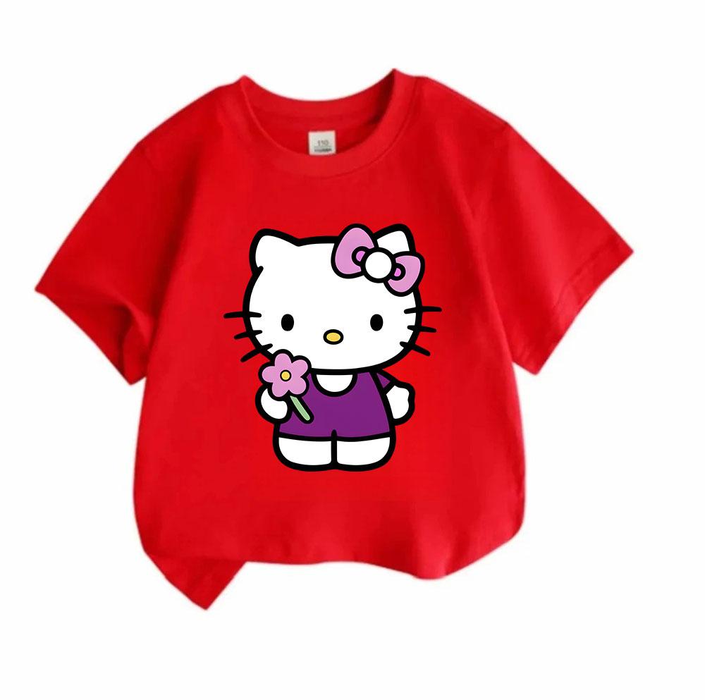Kids Boys Girls Crew Neck Short Sleeve 100% Cotton T-Shirt, Cute Cartoon Cat Print Casual Soft Breathable Tee with Lovely Pink Flower, Comfortable Dai