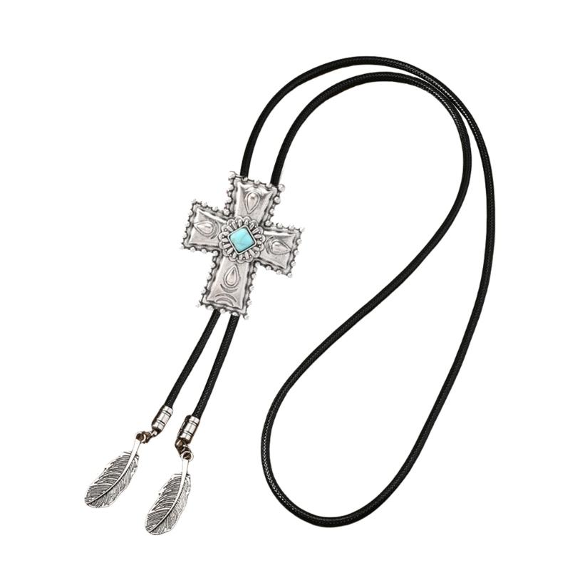 Men's Rodeos Western Leather Cord Bolo Tie Antique Floral Stone Jewelry Cowboy Necktie Necklace with Feathered Pendant