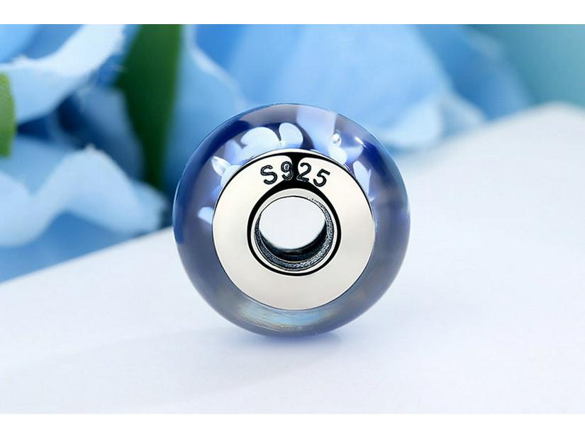 Sterling Silver 925 Blue Pattern Murano Glass Spacer Bead, Threaded, Large Hole, SCZ006