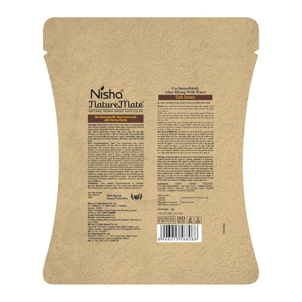 Nisha Nature Mate Dunkelbraun Henna Haarfarbe Pulver Ammoniakfrei Permanente Grauabdeckung Kräuterfarbe 45GX Packung mit 3
