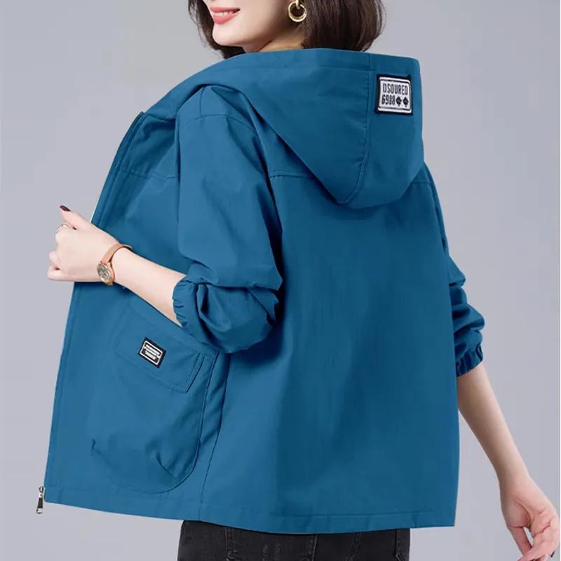 Giacca a Vento con Cappuccio Primavera Autunno Donna Coreana Casual Lunghezza Media Zip Cappotto Capo Esterno Casual Femminile Giacca Larga