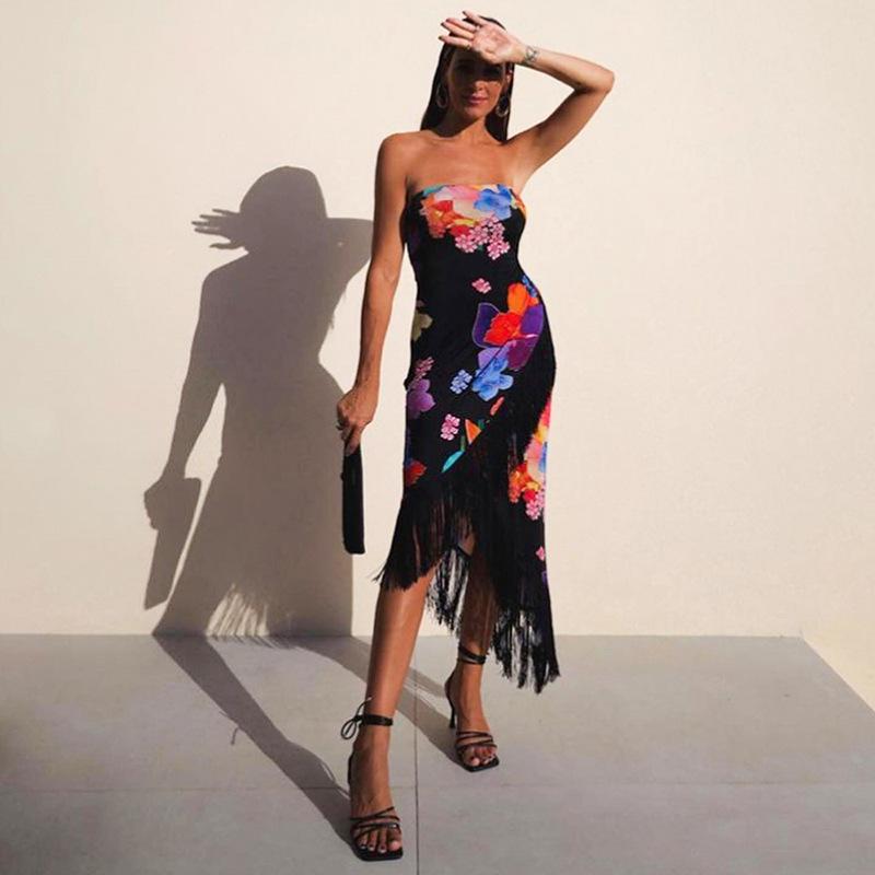 Abiti da Donna Primavera Senza Maniche con Stampa Floreale Nappa Senza Spalline Estivi Casual Slim alla Caviglia Senza Schiena Elastici a Vita Alta con Spacco