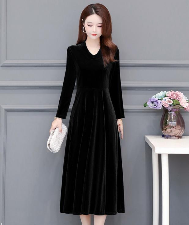 

Зимнее платье из золотого бархата с V-образным вырезом в западном стиле для женщин L чёрный