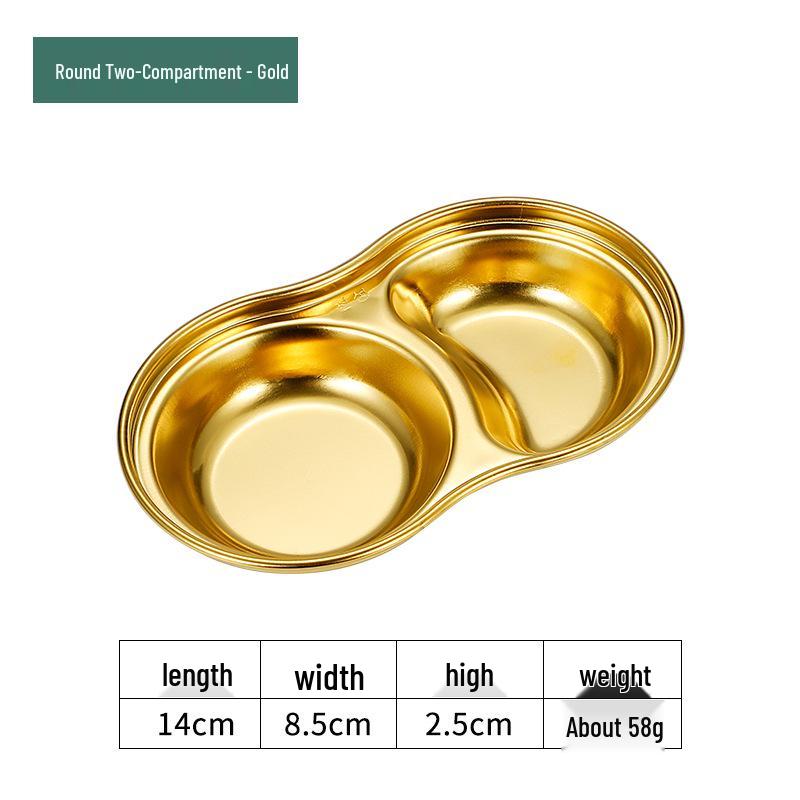 Golden Korean-Style Two/Three-Compartment Sauce Dishes – 304 Stainless Steel for Kimchi, Barbecue, and Hot Pot Seasoning.